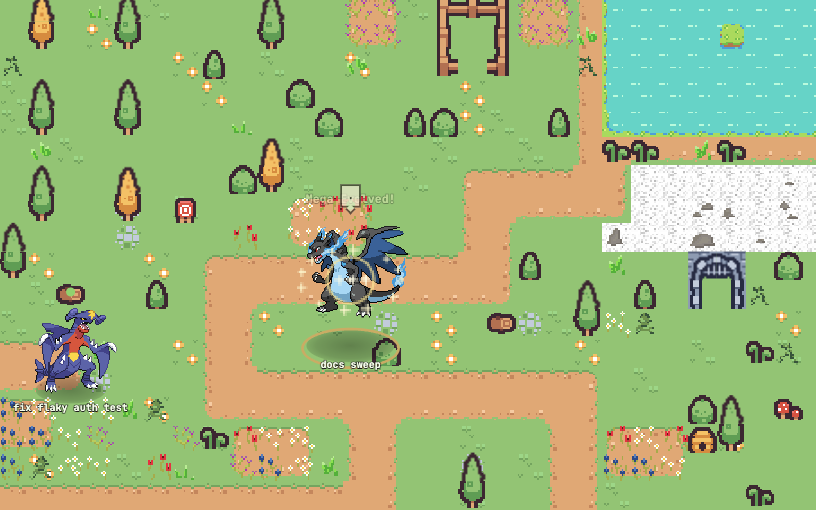 a mega-evolved charizard mid-battle, gold ring and sparkle burst around it, a floating 'mega evolved!' text overhead